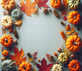 small decorative pumpkins and colorful autumn leaves to the edges of the frame, on a white background - 677179543
