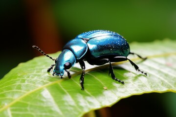 Naklejka premium a close up of a blue beetle on a green leaf