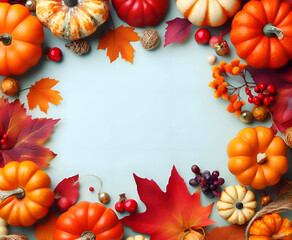 small decorative pumpkins and colorful autumn leaves to the edges of the frame, on a white background - 677179573