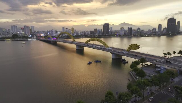 Dragon Bridge at sunset in Da Nang, Vietnam (Aerial 4K HDR ProRes drone video)