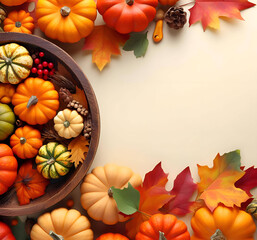 small decorative pumpkins and colorful autumn leaves to the edges of the frame, on a white background - 677179749