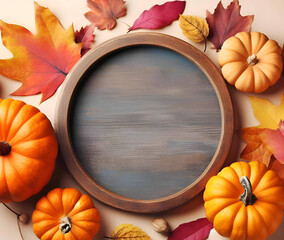 small decorative pumpkins and colorful autumn leaves to the edges of the frame, on a white background - 677179778