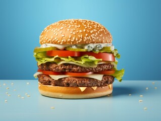 a hamburger with cheese and lete on a studio background