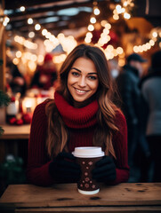 Young woman drinking mulled wine on Christmas fair sitting at counter, wearing winter clothing, a scarf and knit hat smiling looking at camera, holding a glass with glintwine
