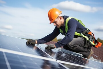 a worker installing solar panels on a roof - obrazy, fototapety, plakaty