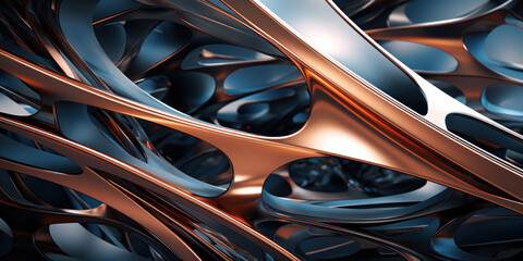 Copper curves and silver shapes against a dark backdrop.