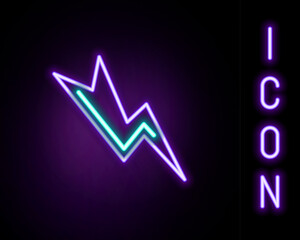 Glowing neon line Lightning bolt icon isolated on black background. Flash sign. Charge flash icon. Thunder bolt. Lighting strike. Colorful outline concept. Vector