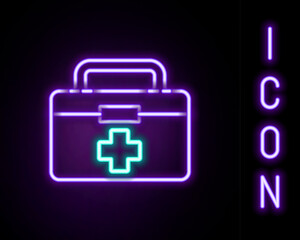 Glowing neon line First aid kit icon isolated on black background. Medical box with cross. Medical equipment for emergency. Healthcare concept. Colorful outline concept. Vector