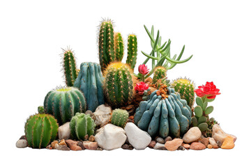 Cactus plants on the rock isolated on transparent background. Rocks with cacti growing on them
