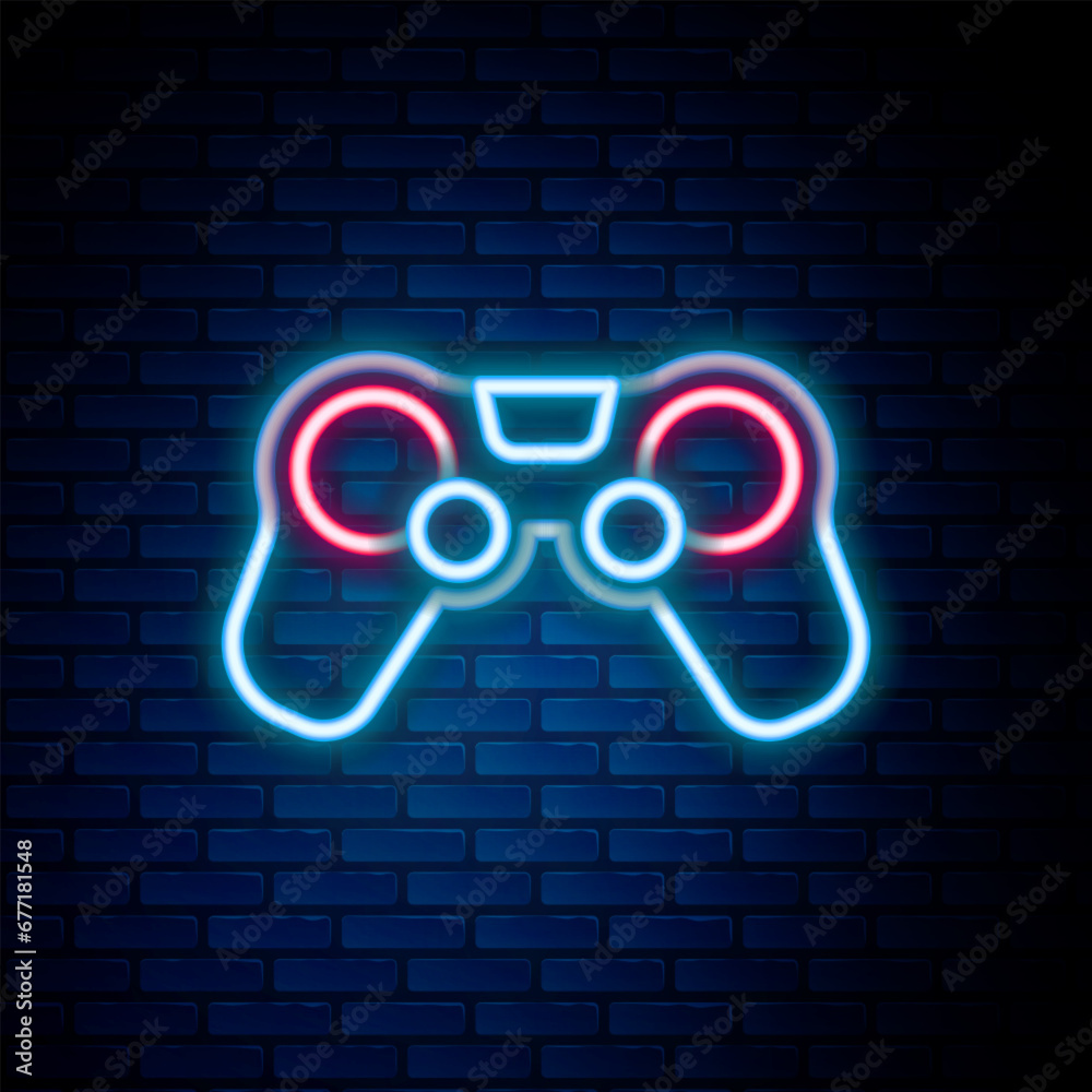 Sticker Glowing neon line Gamepad icon isolated on brick wall background. Game controller. Colorful outline concept. Vector