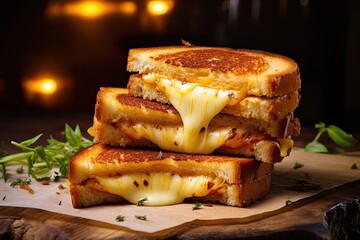 Grilled cheese sandwiches. The warm, golden hues and tempting aroma invite you to savor each bite, capturing the essence of comfort and indulgence in every cheesy moment. - obrazy, fototapety, plakaty