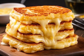 Grilled cheese sandwiches. The warm, golden hues and tempting aroma invite you to savor each bite, capturing the essence of comfort and indulgence in every cheesy moment. - obrazy, fototapety, plakaty
