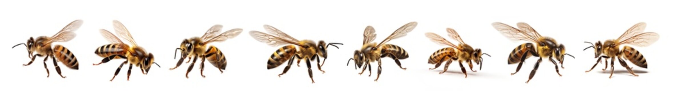 Set of natural bees on a transparent or white background. Macro side close-up view. png image. 
