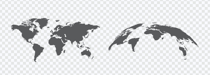 Spherical Gray World Map on Transparent Background. Global geography concept. Vector illustration.