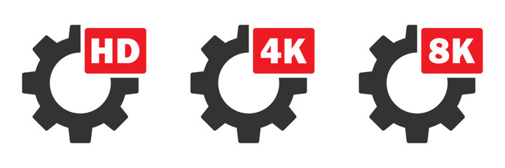 HD 4K 8K settings icon set. Gear sign with text. Vector illustration
