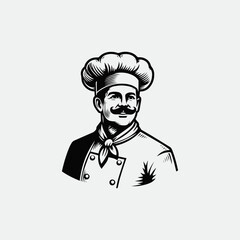 Master chef male face with mustache and hat illustration for logo, chef logo, vintage illustration of chef logo