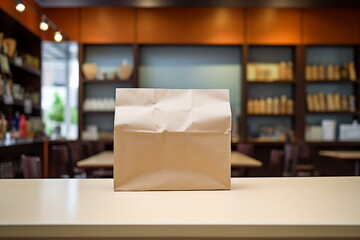 recycled paper bag on a table, pharmacy shelves with medicine on a background - obrazy, fototapety, plakaty