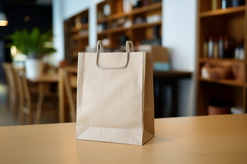 recycled paper bag on a table, pharmacy shelves with medicine on a background - obrazy, fototapety, plakaty