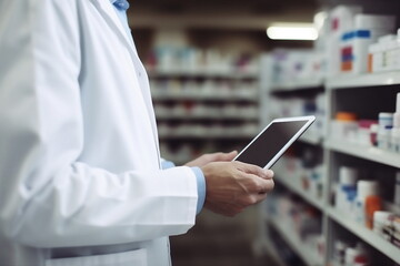 pharmacist hand hold digital tablet in pharmacy