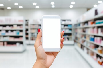 pharmacist hand hold blank mobile phone in pharmacy