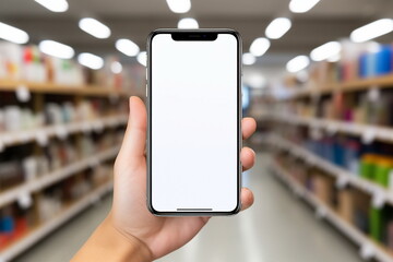pharmacist hand hold blank mobile phone in pharmacy