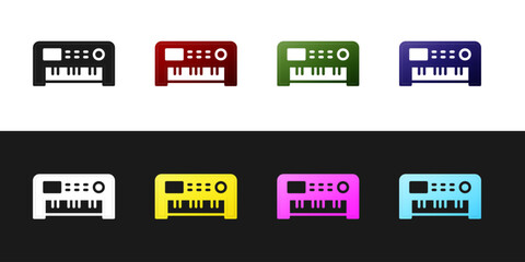 Set Music synthesizer icon isolated on black and white background. Electronic piano. Vector