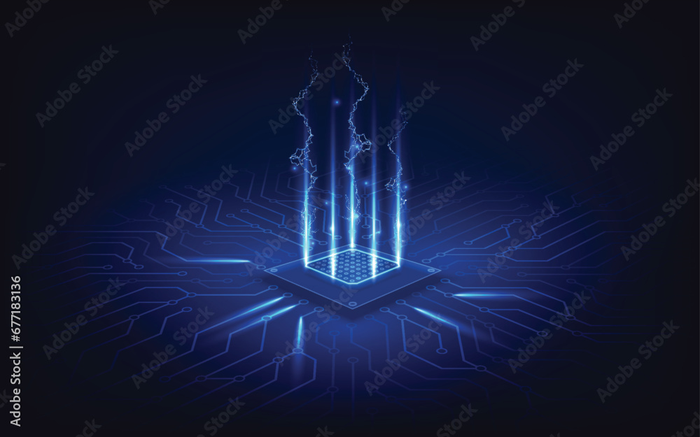 Poster abstract technology chip processor background circuit board and html code,3d illustration blue techn