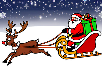 Santa carrying a present and riding a sleigh pulled by Rudolph.
Generative AI