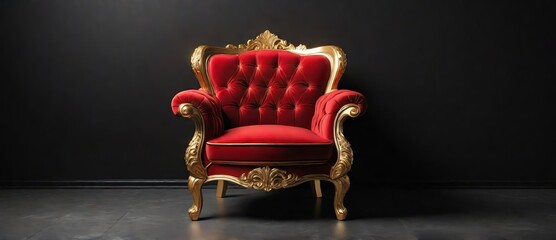 Red and gold luxury armchair on plain black background. from Generative AI