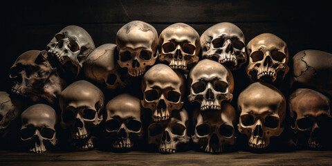 Macabre scene of stacked skulls.