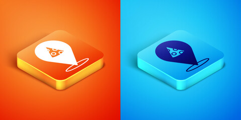 Isometric Slice of pizza icon isolated on orange and blue background. Fast food menu. Vector
