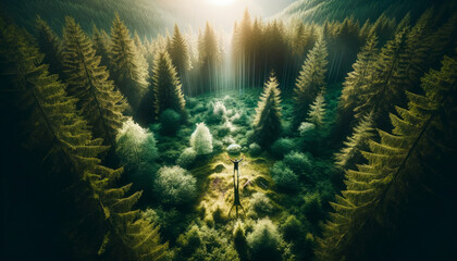 Forest Freedom - Individual in Nature.Revel in the joy of forest freedom with this top view of a person in nature.Woodland Euphoria  - obrazy, fototapety, plakaty