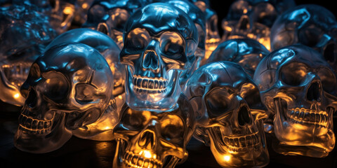 Macabre display of illuminated skulls.