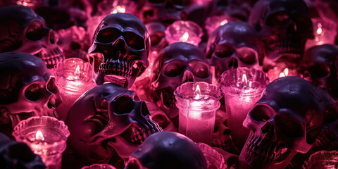 Sinister skulls bathed in pink candlelight.