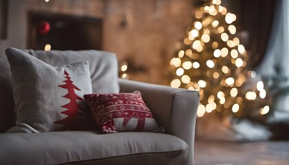 
Beautifully wintry and cozy living room with a decorated Christmas tree, cozy blankets and pillows, warm light
