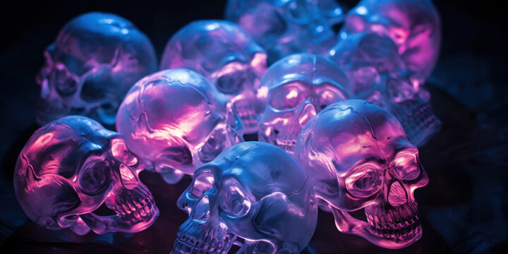 Illuminated ice skull sculptures in a surreal display.
