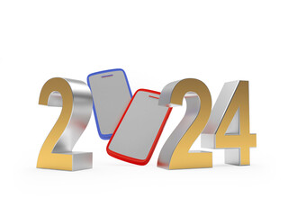 Number 2024 with colorful smartphones. 3D illustration