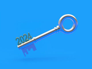 Number 2024 with a silver key on a blue background. 3D illustration