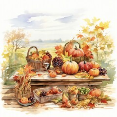 Naklejka na ściany i meble watercolor illustration of autumnal fruits and vegetables