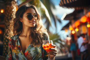 A woman enjoying cocktail glass at the tropical beach in National Cocktail Day - obrazy, fototapety, plakaty