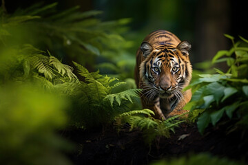 Tiger looking at the camera in deep tropical forest - a symbol of International Tiger Day
