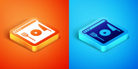 Isometric Cooking live streaming icon isolated on orange and blue background. Vector