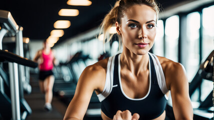 Fototapeta na wymiar Beautiful woman who is working out at the gym, running on the treadmill, dumbbells, and doing fitness exercises. have a good body and good health. healthy Health and muscle care concept.