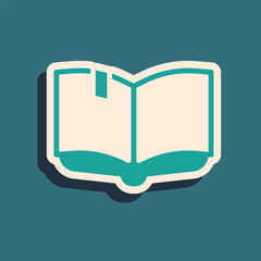 Green Open book icon isolated on green background. Long shadow style. Vector