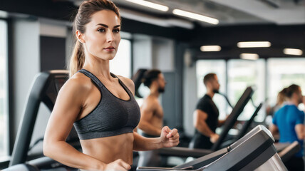 Fototapeta na wymiar Beautiful woman who is working out at the gym, running on the treadmill, dumbbells, and doing fitness exercises. have a good body and good health. healthy Health and muscle care concept.