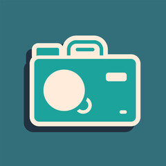 Green Photo camera icon isolated on green background. Foto camera. Digital photography. Long shadow style. Vector