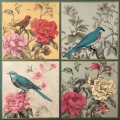 Chinoiserie tile with flower and bird super detailed ultra luxury painting style