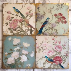 Chinoiserie tile with flower and bird super detailed ultra luxury painting style