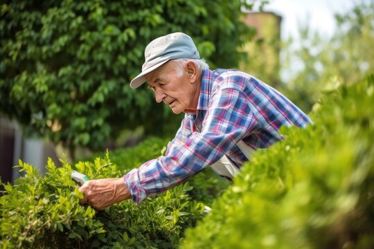 Old male gardener brings order to garden by pulling weeds spoiling picture of flowerbeds and prevent trees from growing. Old pensioner gardener in hat works in garden under sun pulling weeds