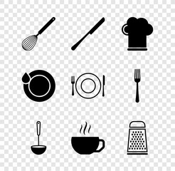 Set Kitchen whisk, Knife, Chef hat, ladle, Coffee cup, Grater, Washing dishes and Plate, fork and knife icon. Vector